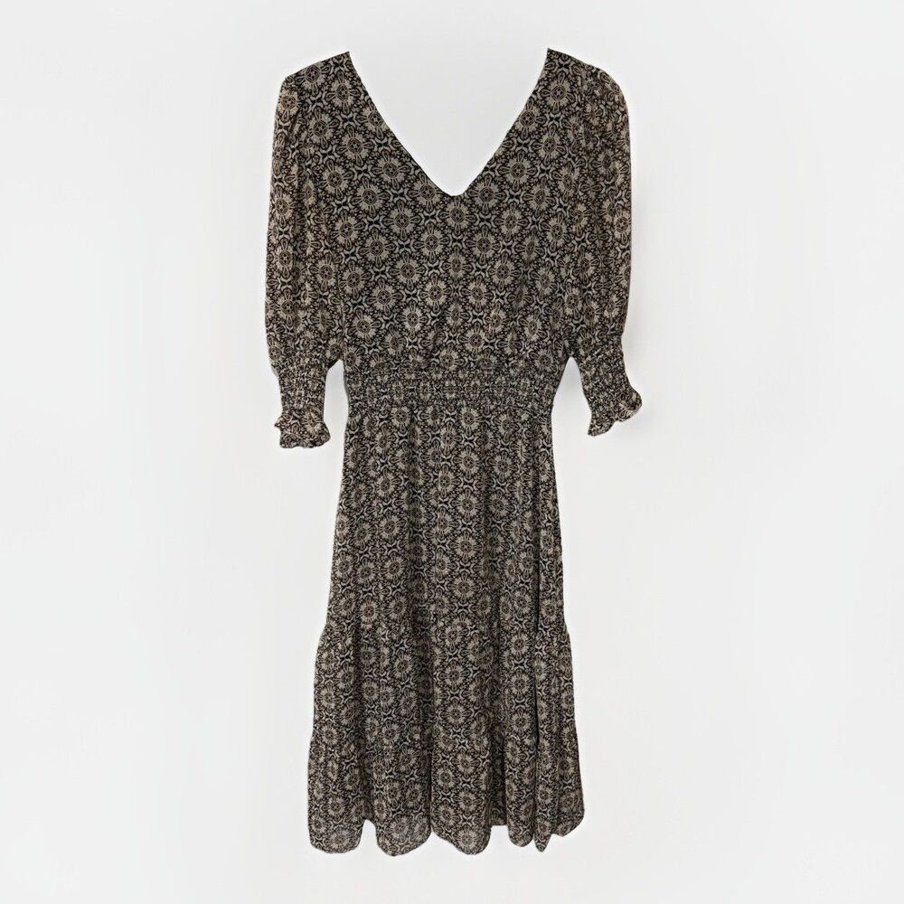 1State Paisley Printed V Neck Ruched Metallic Thread Boho Midi Dress Modest Sz S